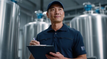 A man in a navy shirt and cap holds a clipboard while inspecting machinery in a modern industrial facility. The setting is clean and organized, suggesting professionalism.