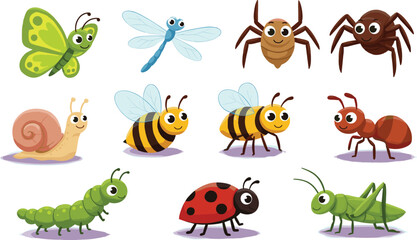 Cartoon insects and small creatures vector illustration featuring butterfly, dragonfly, spider, bee, snail, caterpillar, ant, ladybug, grasshopper