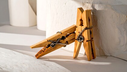 Two wooden clothespins, light brown tones, arranged in a gentle angle, against a textured off-white backdrop, highlighted by natural light, creating a serene and simple still life.