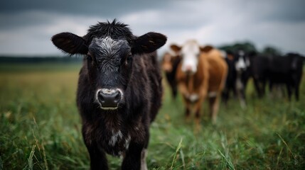 Herd of cows grazing in a rural pasture