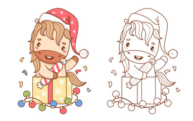 Happy Christmas Horse in Santa hat in Gift Box set. Outline, coloring book and color drawing. Isolated Holiday animal. Symbol 2026 year to Eastern calendar. Vector illustration. Not AI