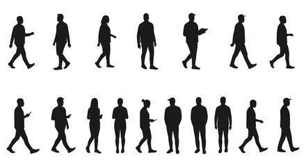 Silhouettes of people walking in various poses and attire on white background