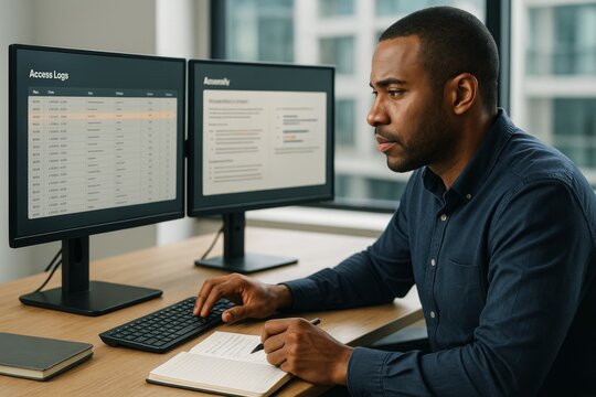 Focused professional analyzing access logs on dual monitors in modern office setting with natural light and urban background view. Ai generative - Powered by Adobe