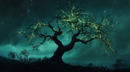 Lone dead tree covered in glowing lichen, its branches stretching like veins