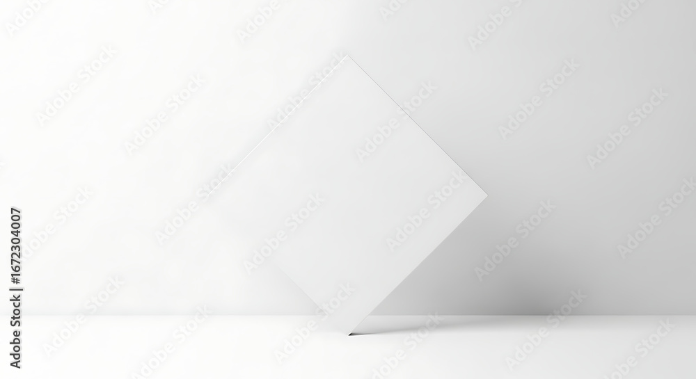 Poster minimalist white square leaning on a subtle textured white background, creating an abstract and clea