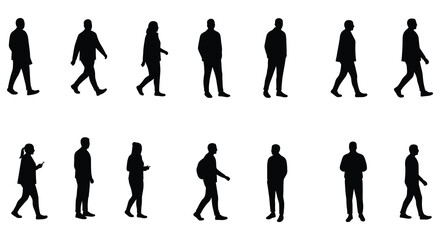 Fototapeta premium Collection of diverse people walking in various poses and directions in silhouette