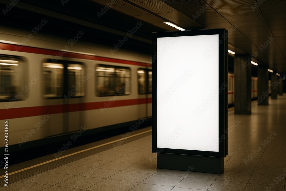 Poster blank illuminated billboard in modern subway station with blurred moving train and architectural bac