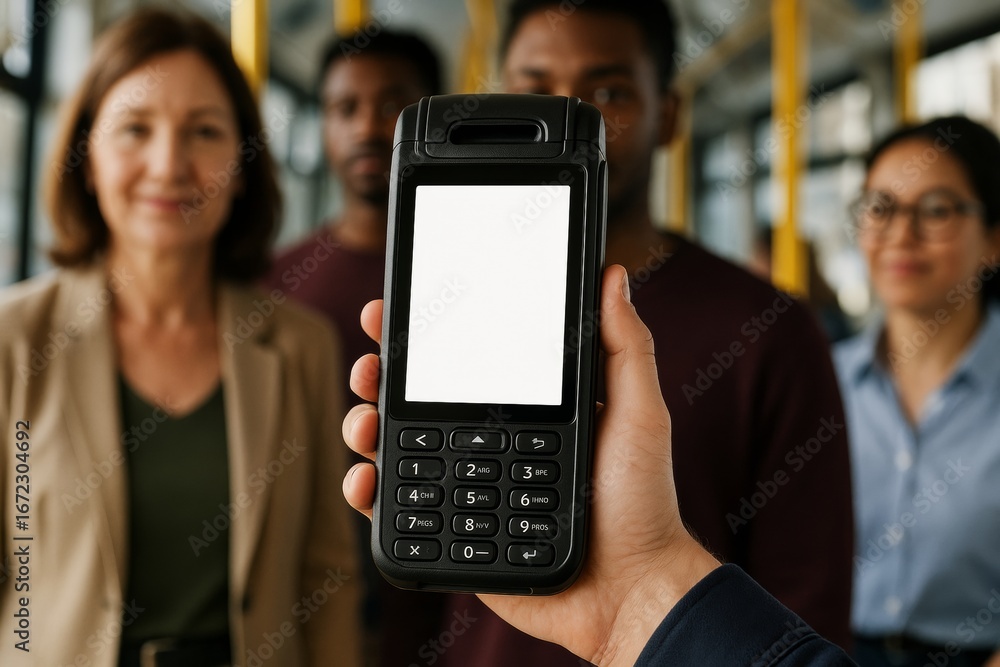 Poster closeup of a blank payment terminal screen held in hand with group of diverse people standing in bac