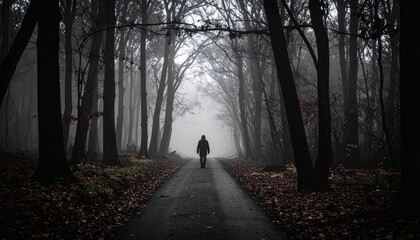 Obraz premium Spooky Halloween background of a dark forest path with a shadowy man walking in fog and mist, creating a mysterious, scary, and haunting autumn night atmosphere.