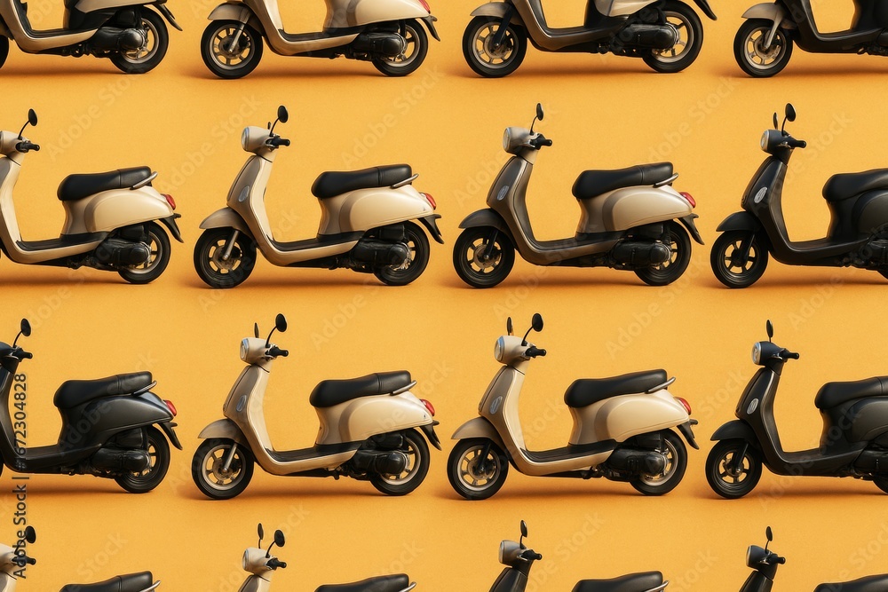 Poster seamless pattern of retro scooters in alternating beige and black colors on a vibrant orange backgro
