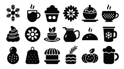 Snowflake hot beverage cup cupcake festive food and drink icons vector