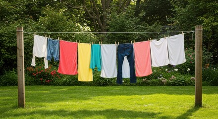 Clothes hanging on a clothesline in a backyard, drying in the sun against a green grass and tree background.