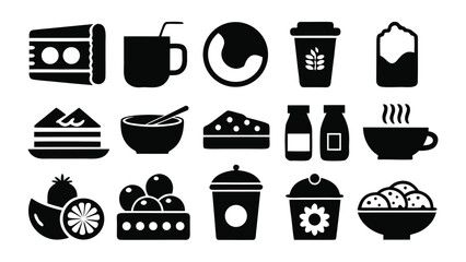 Various food and drink icons including cake coffee and fruit vector