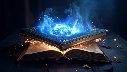 Obraz premium Bewitched magical book glowing in the dark, symbol of black magic, sorcery, fantasy literature, and witchcraft. Perfect for Halloween or fantasy design themes.