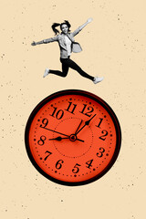 Art 3d sketch image collage of happy businesswoman run clock dial expire limit deadline hurry...