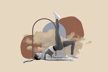Full art image poster 3d banner collage of happy sportswoman do pilates sport training exercise...