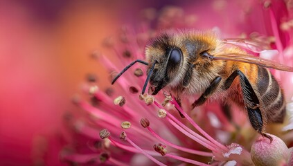 Honeybee Gathering Pollen on Pink Flower in Natural Outdoor Environment
