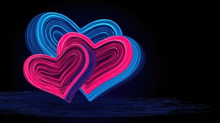 Neon hearts in vibrant colors against a dark background.