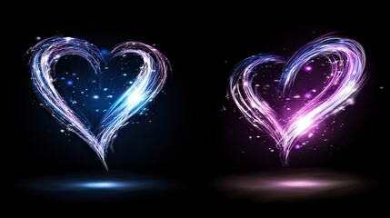 Two glowing hearts in vibrant colors against a dark background.