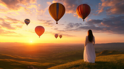 Young woman white dress watching colorful hot air balloons sunrise grassy hill, peaceful mood