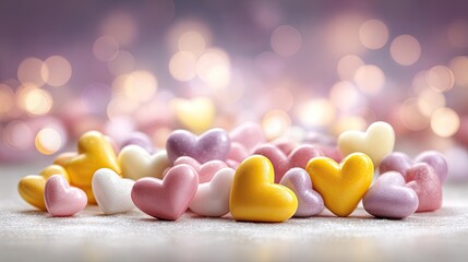 Colorful heart-shaped candies against a soft, blurred background.