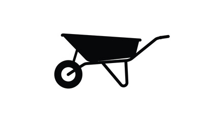 A simple black silhouette of a wheelbarrow on a white background