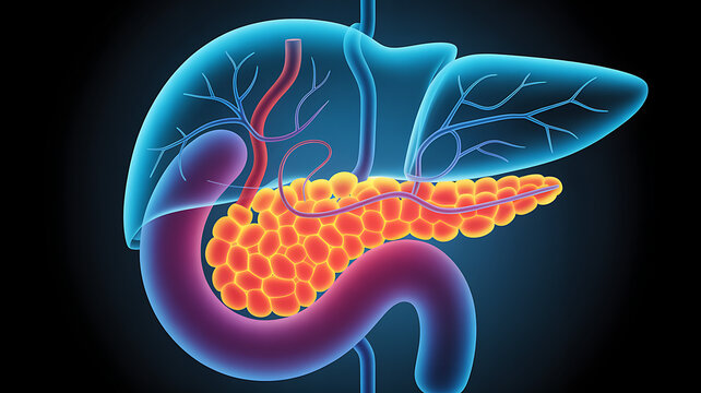 3d medical illustration of human pancreas with anatomical detail showing digestive enzymes endocrine and exocrine functions for healthcare biology education and research