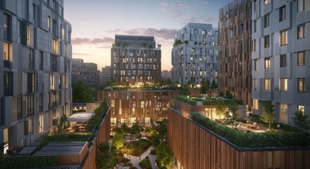 Obraz premium Modern apartment complex at dusk, showcasing landscaped courtyards and rooftop gardens between buildings.