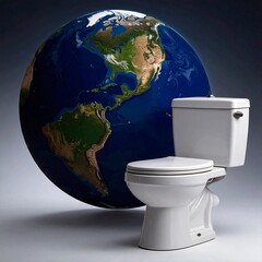 Global Sanitation Awareness Concept with Earth and White Toilet
