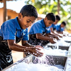 Children Washing Hands Outdoors in Rural Village Setting Promoting Hygiene and Clean Water
