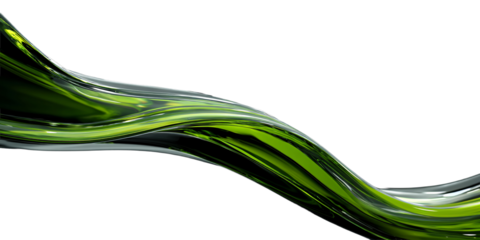 Liquid glass flows on a transparent background in the form of a transparent, iridescent, shiny, wide green wave. For designers, marketers. Popular image, illustration, object.
