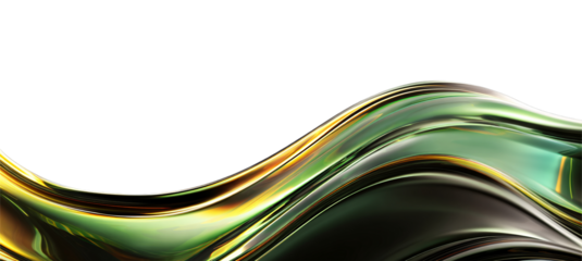 Liquid glass flows on a transparent background in the form of a transparent, iridescent, shiny, wide green wave. For designers, marketers. Popular image, illustration, object.