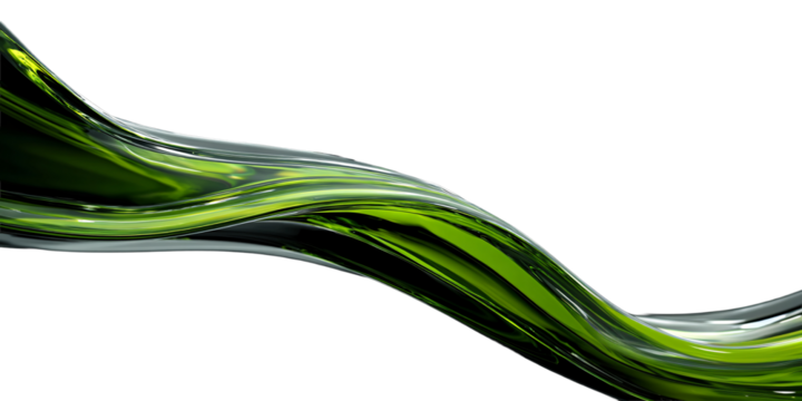Liquid glass flows on a transparent background in the form of a transparent, iridescent, shiny, wide green wave. For designers, marketers. Popular image, illustration, object.