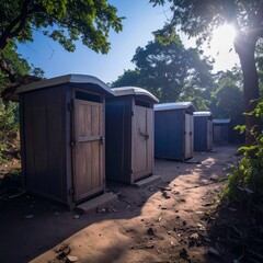 Row of Portable Toilets in Natural Outdoor Setting with Sunlight and Trees