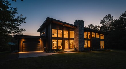 Modern, contemporary house at twilight, lit by warm interior light, nestled in a wooded area.