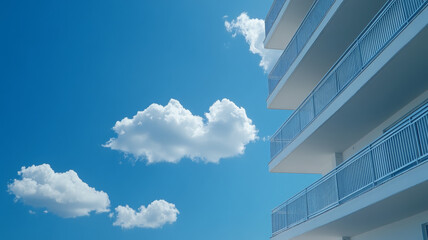 Modern apartment building with white balcony railing under blue sky and fluffy clouds