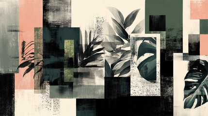 Abstract design with tropical leaves and geometric shapes.