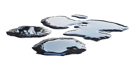 Set of puddles - reflective puddles of water with organic shapes and wet surfaces on a white background