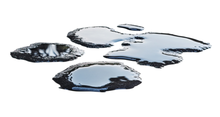 Set of puddles - reflective puddles of water with organic shapes and wet surfaces on a white background