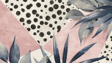 Abstract design with pastel colors and tropical leaves.