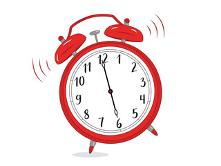 Illustration of a classic mechanical alarm clock with two bells and a hammer clangin. The clock face shows 6:00 AM, with motion lines indicating the ringing effect. Simple design on a white background