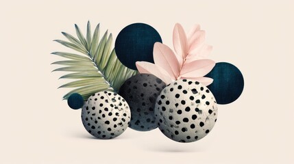 Abstract composition of spheres and leaves in muted tones.