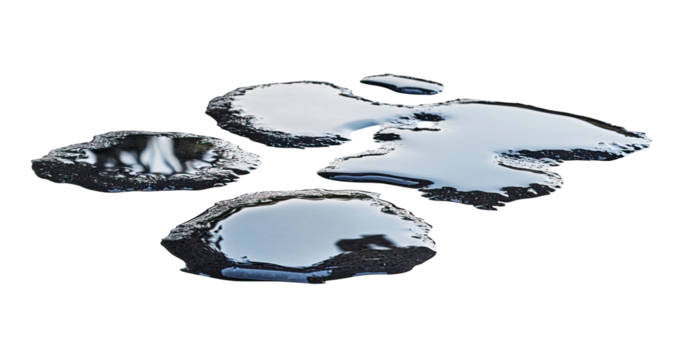 Set of puddles - reflective puddles of water with organic shapes and wet surfaces on a white background