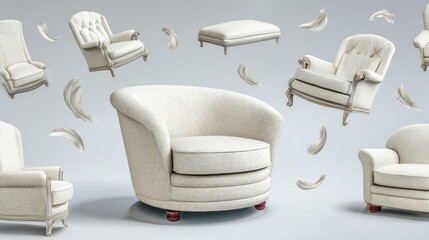Elegant cream-colored armchairs and ottomans displayed against a light background.