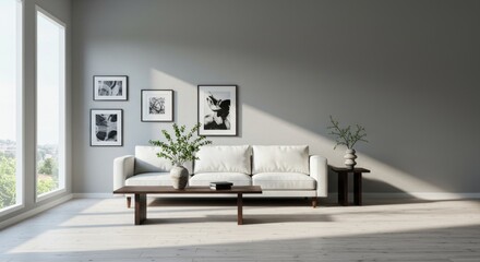 Modern minimalist living room interior design with natural light and framed art.