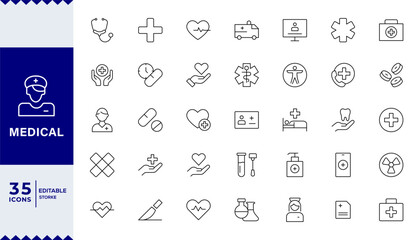 Pixel Perfect, Medical Line Editable Icons set. Vector illustration in modern thin line style of general medical icons: signs and symbols of medicine and pharmacology, hospital, doctor, tests, etc.