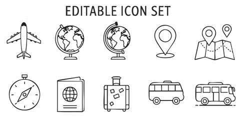 Flat minimal vector transport icon set including car, bus, truck, bicycle, scooter, airplane, ship, and train, modern geometric design, scalable vector illustration, clean flat style, 
