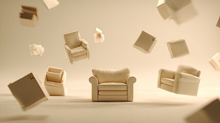 Beige furniture pieces levitating in a minimalist setting.