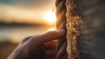 Human hand grasps rope, looking at sunset by waterside during golden hour