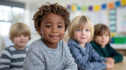 A diverse group of children smiling in a bright classroom. The atmosphere is cheerful and supportive, ideal for educational themes.